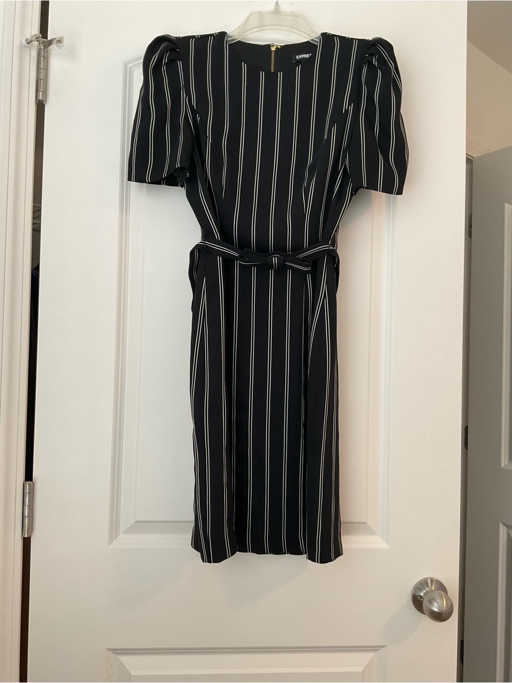 Express Black & White Pinstripe Belted Puff-Sleeve Midi Dress
